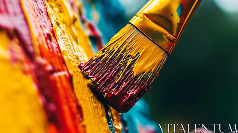 Close-up of a Paintbrush with Yellow and Red Paint on a Canvas AI Image