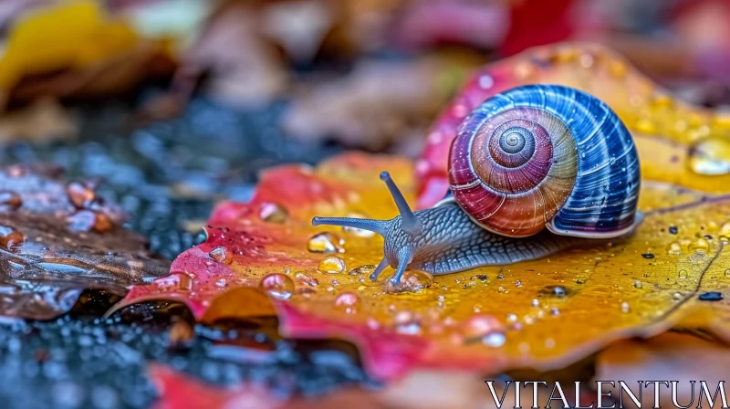 Close-Up Snail on Colorful Leaf - Nature Photography AI Image