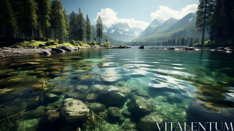 Crystal Clear Mountain Lake Surrounded by Rocks and Forest AI Image