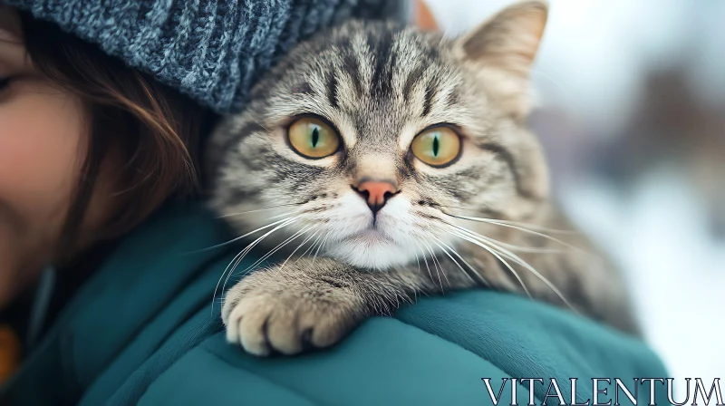 Winter Portrait of a Cat on Shoulder AI Image