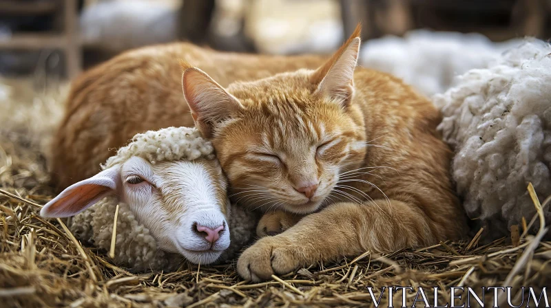 AI ART Adorable Ginger Cat and Lamb Resting on Hay