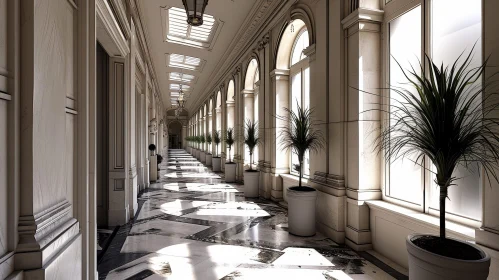 Elegant Hallway with Potted Plants and Marble Tiles