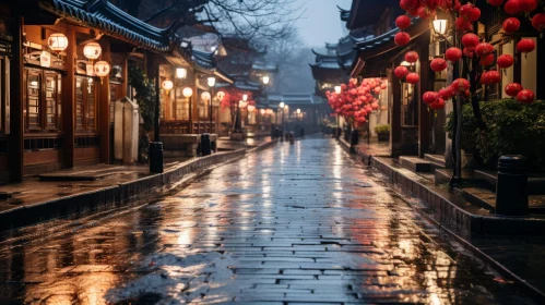 Enchanting Chinese Street with Red Lanterns in the Rain