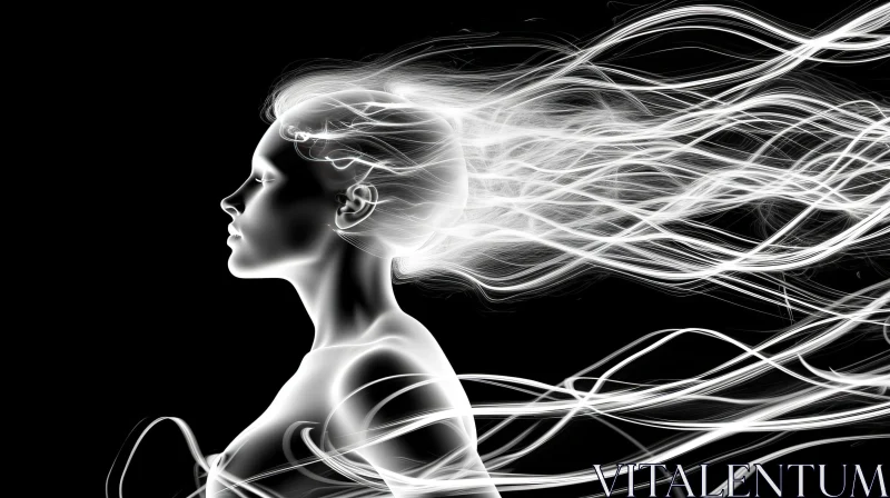 Ethereal Beauty: Black and White Portrait of a Woman with Flowing Hair AI Image