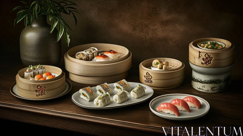 Exquisite Food Still Life: Dim Sum and Sushi Delights AI Image