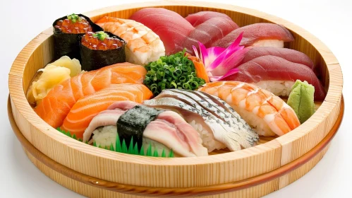 Exquisite Sushi Delights on a Wooden Plate