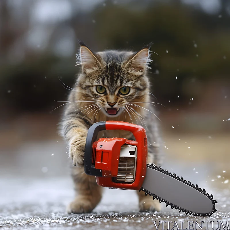 Cute Kitten with Chainsaw in Snowy Landscape AI Image