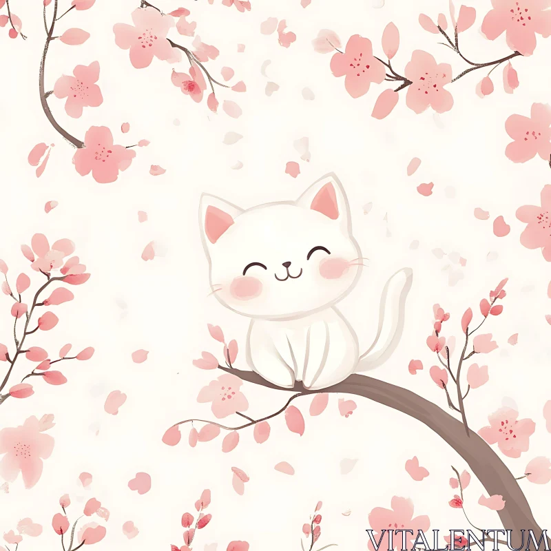 White Cat with Cherry Blossoms Illustration AI Image