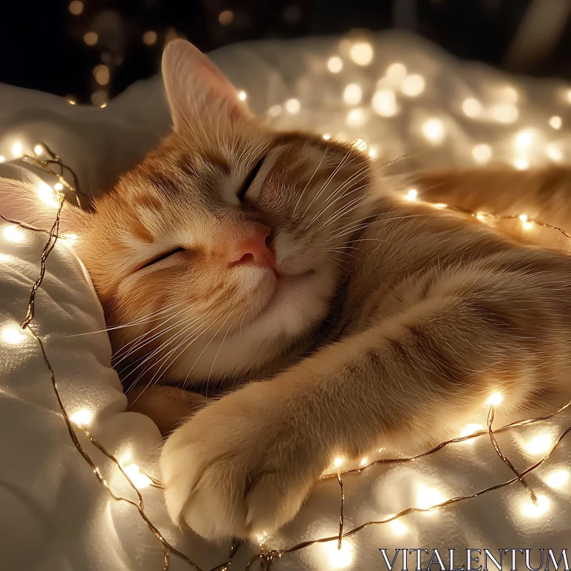 Tranquil Cat Amidst Glowing Fairy Lights AI Image