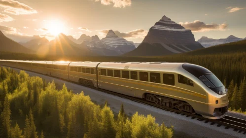 Golden Bullet Train Racing Through Majestic Mountains | Contemporary Canadian Art