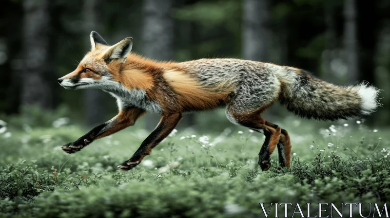 Graceful Red Fox Running in a Lush Green Field AI Image