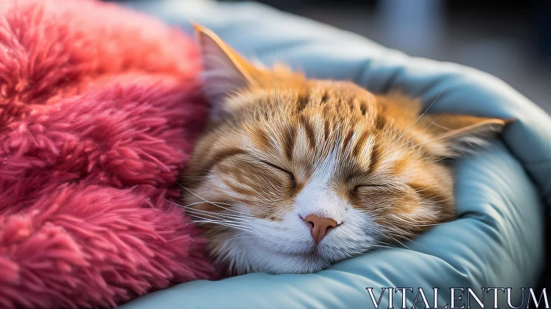 Peaceful Ginger Cat Sleeping in Blue and Pink Blanket AI Image