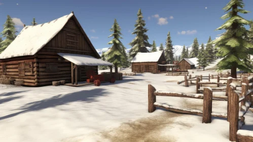 Serene Winter Scene: Charming Log Cabin in Unreal Engine Style
