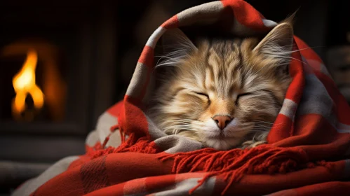 Sleeping Ginger Cat Under Red and Gray Blanket
