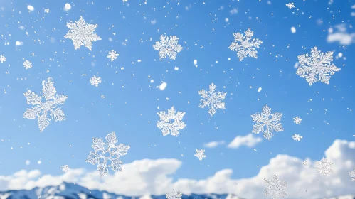 Delicate Snowflakes Floating Amidst Blue Sky and Mountains