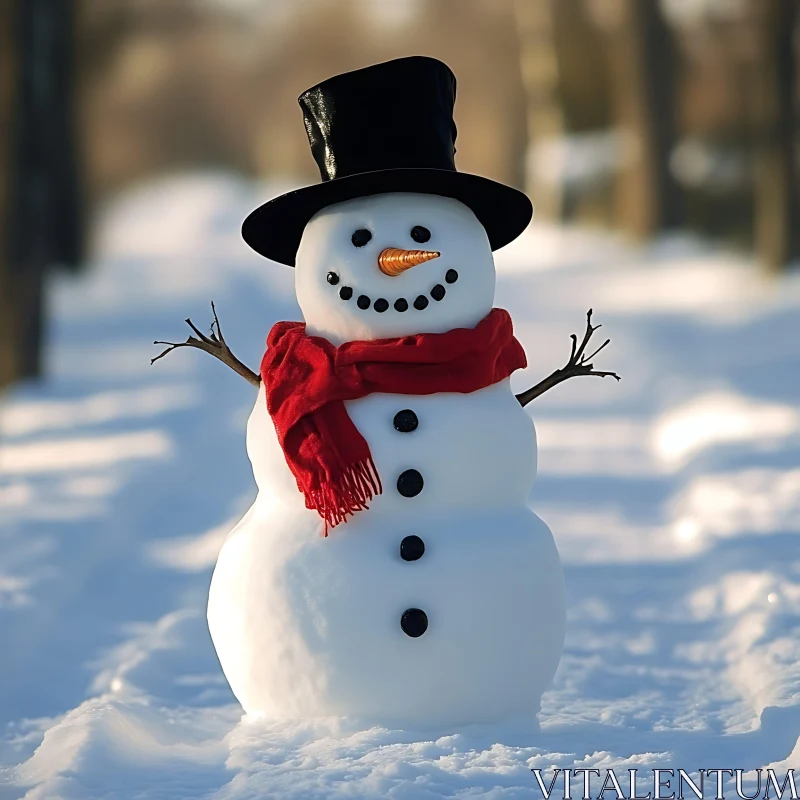 Charming Winter Snowman with Black Hat and Coal Eyes AI Image