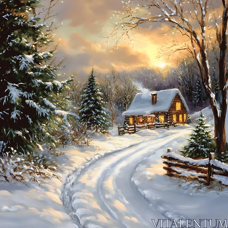 Serene Snowy Cabin Landscape AI Image