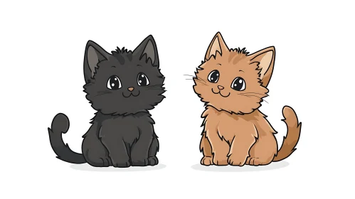 Cute Cartoon Kittens: Fluffy Black and Brown Cats