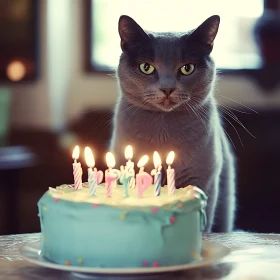 Grey Cat's Birthday Party with Cake and Candles