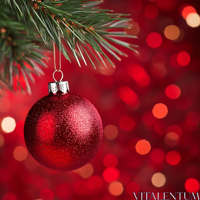 Glittery Red Ornament Hanging on Christmas Tree AI Image