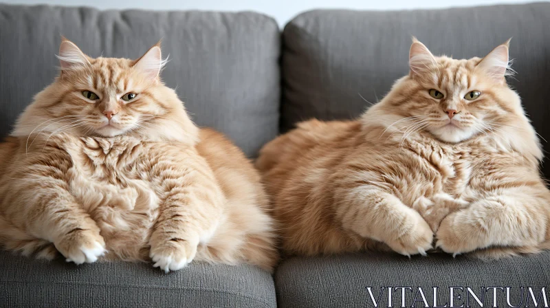 Two Plump Orange Cats Lounging on Sofa AI Image