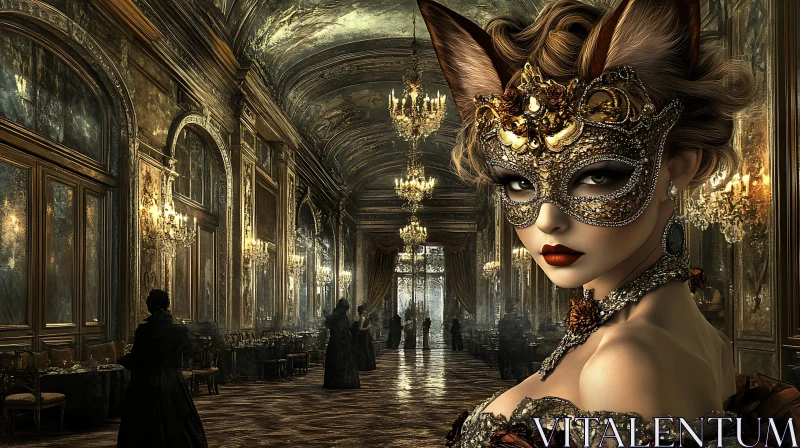 Opulent Ballroom with Masquerade Attendee AI Image