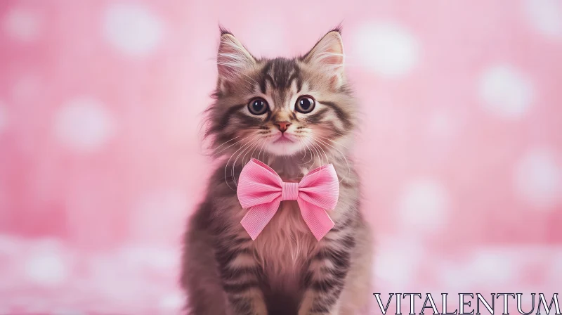 Cute Fluffy Kitten with Pink Ribbon AI Image