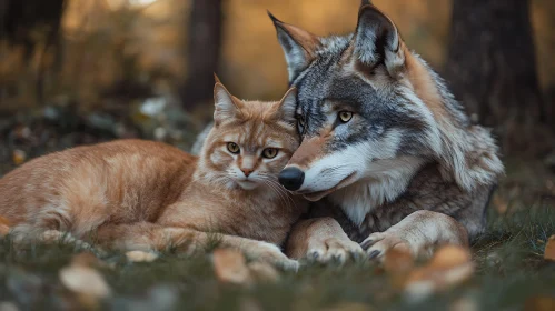 Autumn Companionship Between Cat and Wolf