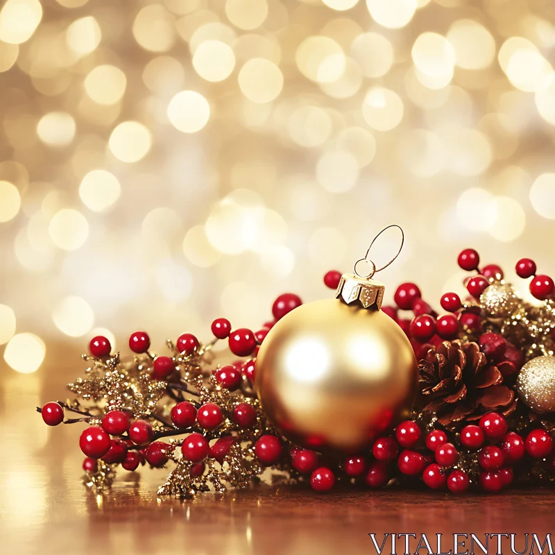 Festive Holiday Decoration with Gold Ornament and Red Berries AI Image