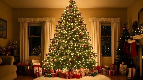 Festive Living Room with a Decorated Christmas Tree