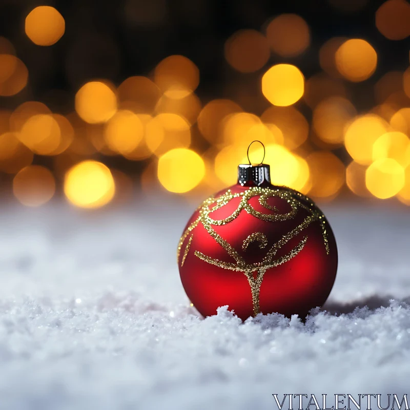 Festive Red Ornament in Snow with Bokeh Background AI Image