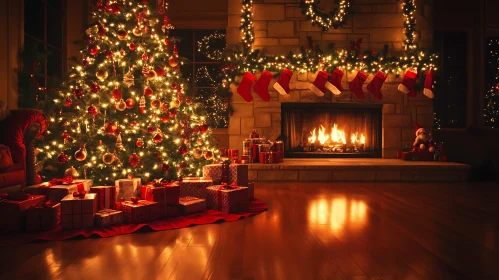 Cozy Holiday Setting with Tree, Gifts, and Fire