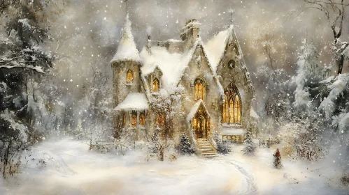 Snow-Covered Gothic House with Warm Lights