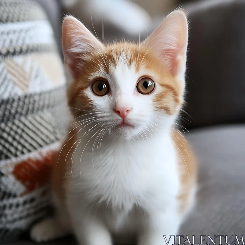 Cute Kitten with Expressive Eyes on Sofa AI Image