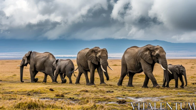 African Elephants Walking in a Grassy Field AI Image