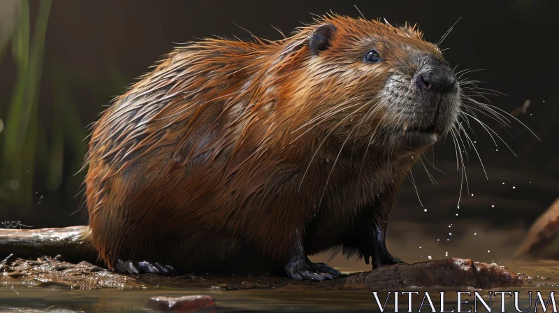 Brown Beaver Sitting on a Log in Water - Forest Reflection AI Image
