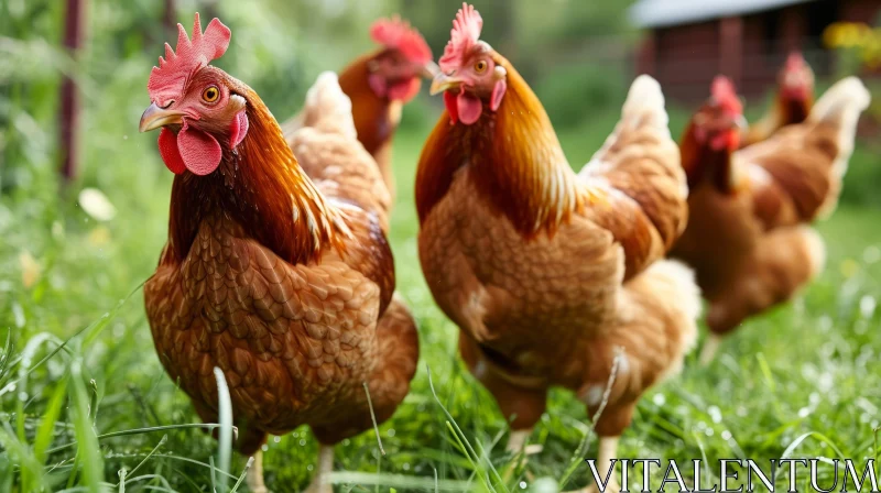 Captivating Image of Four Brown Hens on a Green Grass Field AI Image