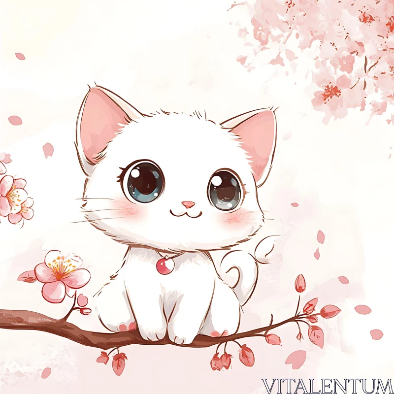 Cute Kitten on Cherry Blossom Branch AI Image