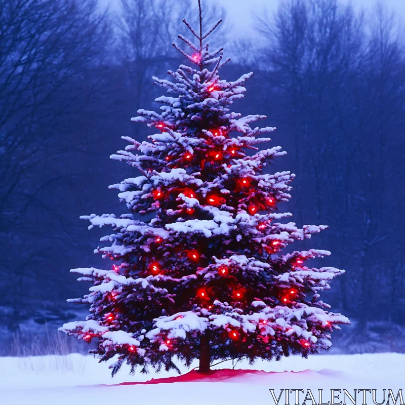 Winter Wonderland: Christmas Tree with Snow and Lights AI Image