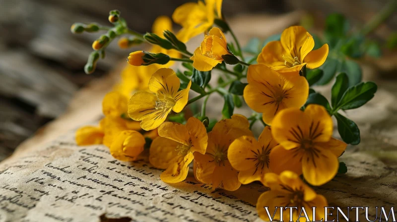 Close-Up of Vibrant Yellow Flowers on Aged Paper - Captivating Image AI Image