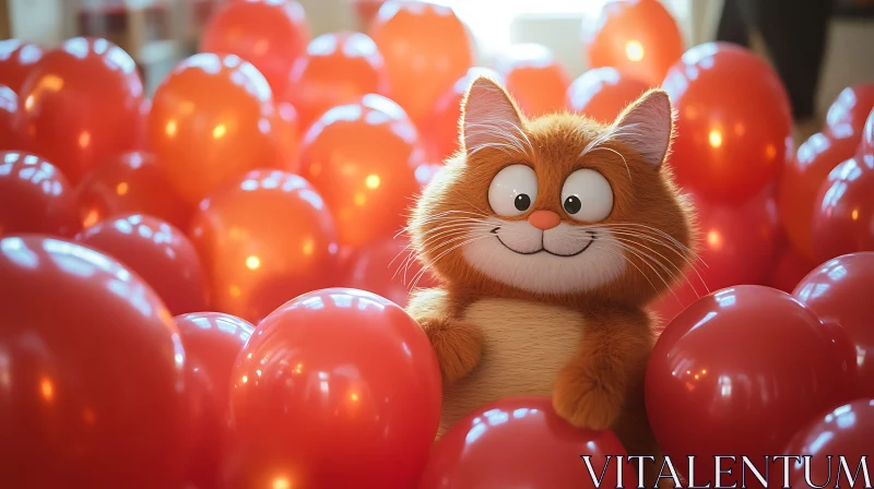 AI ART Playful Cat with Red Balloons