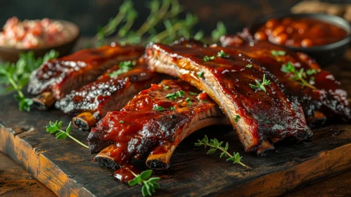 Delicious Barbecued Pork Ribs on Wooden Cutting Board