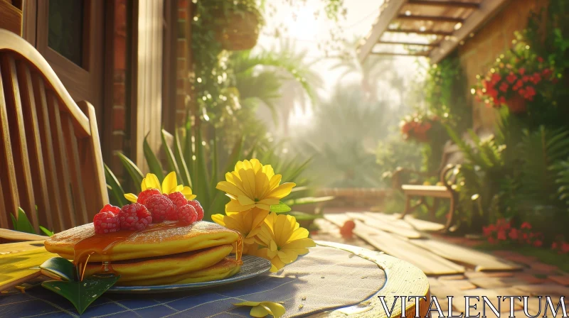 Delicious Pancakes with Raspberries and Flowers in a Garden AI Image