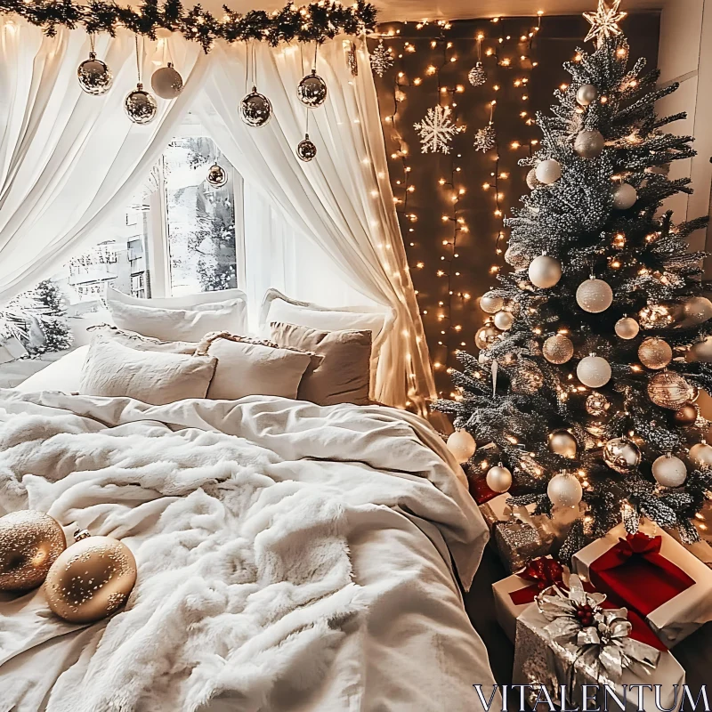 Festive Holiday Bedroom with Christmas Tree AI Image