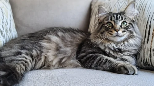 Relaxed Grey Tabby Cat with Green Eyes