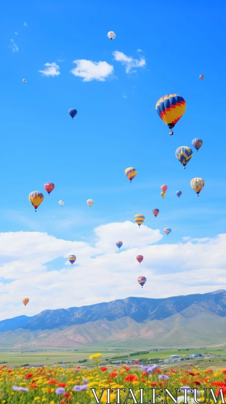 Hot Air Balloon Festival Over Flower Field and Mountains AI Image