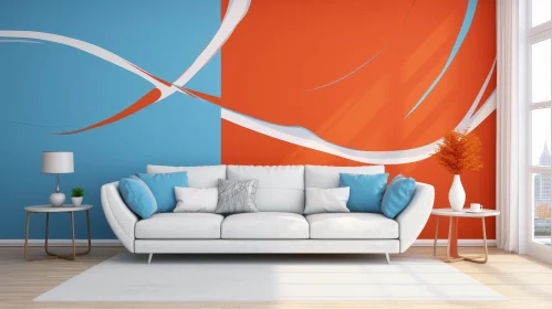Modern Living Room with Blue and Orange Accents