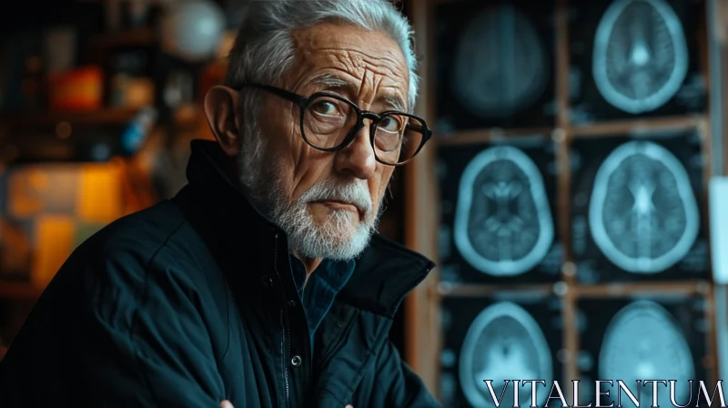 Old Man Examining Brain Scans: Documentary-Style Photography AI Image