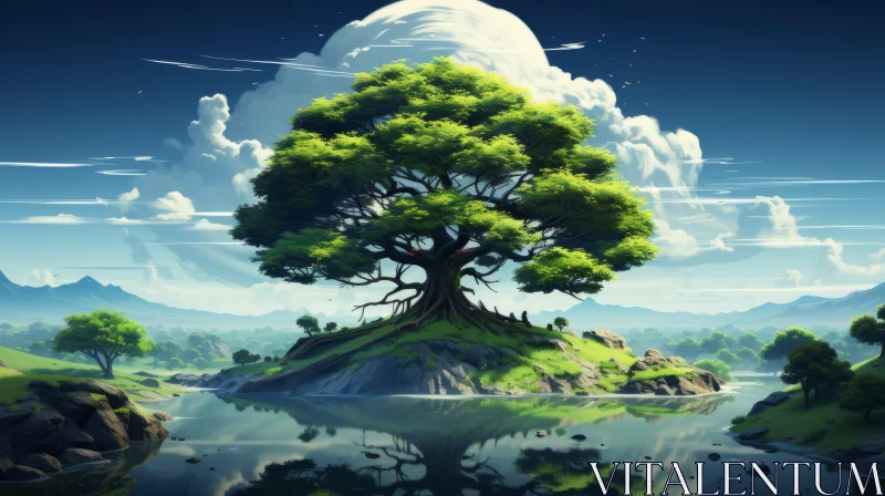 Solitary Island Tree - Fantasy Illustration AI Image