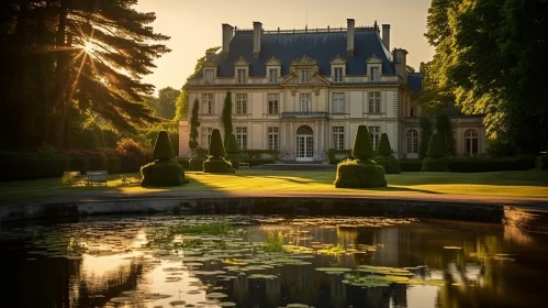 Sunrise Over French Mansion with Pond - Sustainable Architecture